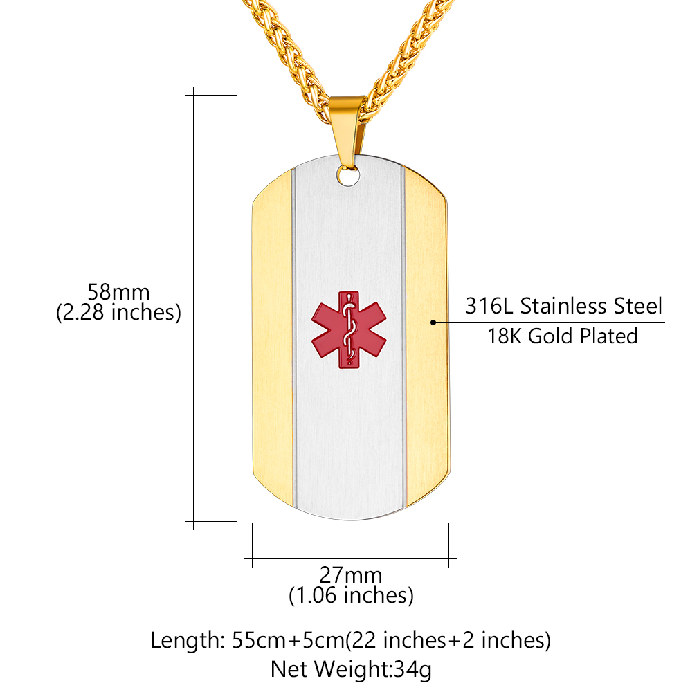 Personalized Engraved Medical ID Medical Alert Necklace for Men Women size