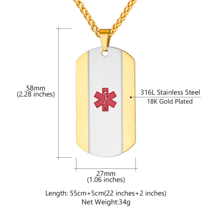 Personalized Engraved Medical ID Medical Alert Necklace for Men Women size