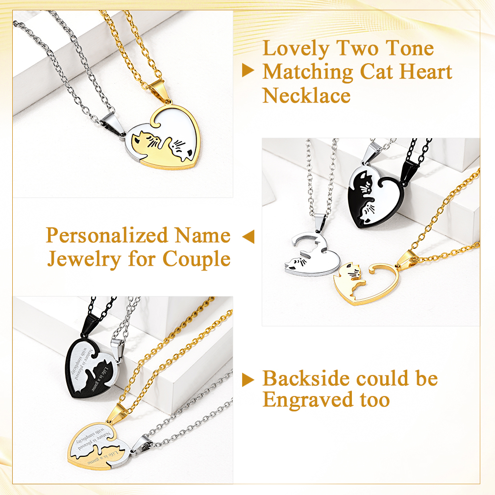 Name Engraved Puzzle Heart Cat Shape Necklace for Couple detail
