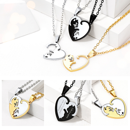 Name Engraved Puzzle Heart Cat Shape Necklace for Couple occasion