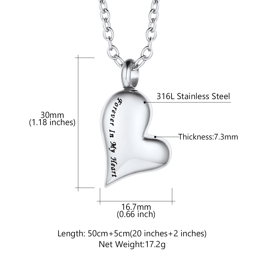 Personalized Engraved Heart Cremation Urn Necklaces for Ashes  size