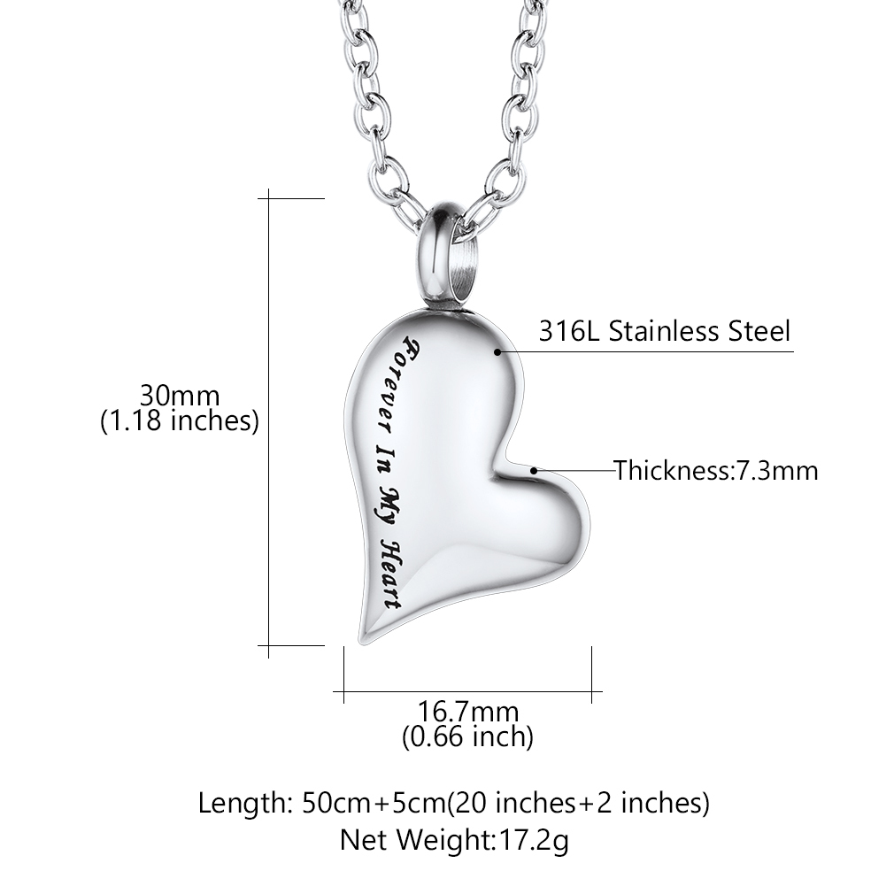 Personalized Engraved Heart Cremation Urn Necklaces for Ashes  size