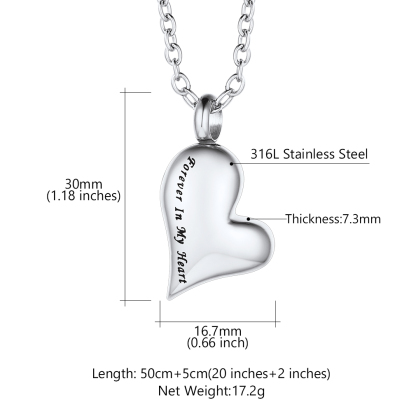 Personalized Engraved Heart Cremation Urn Necklaces for Ashes  size