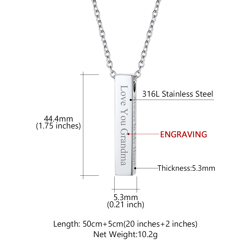 Personalized Stainless Steel Bar Urn Necklace Cremation for Ashes Size