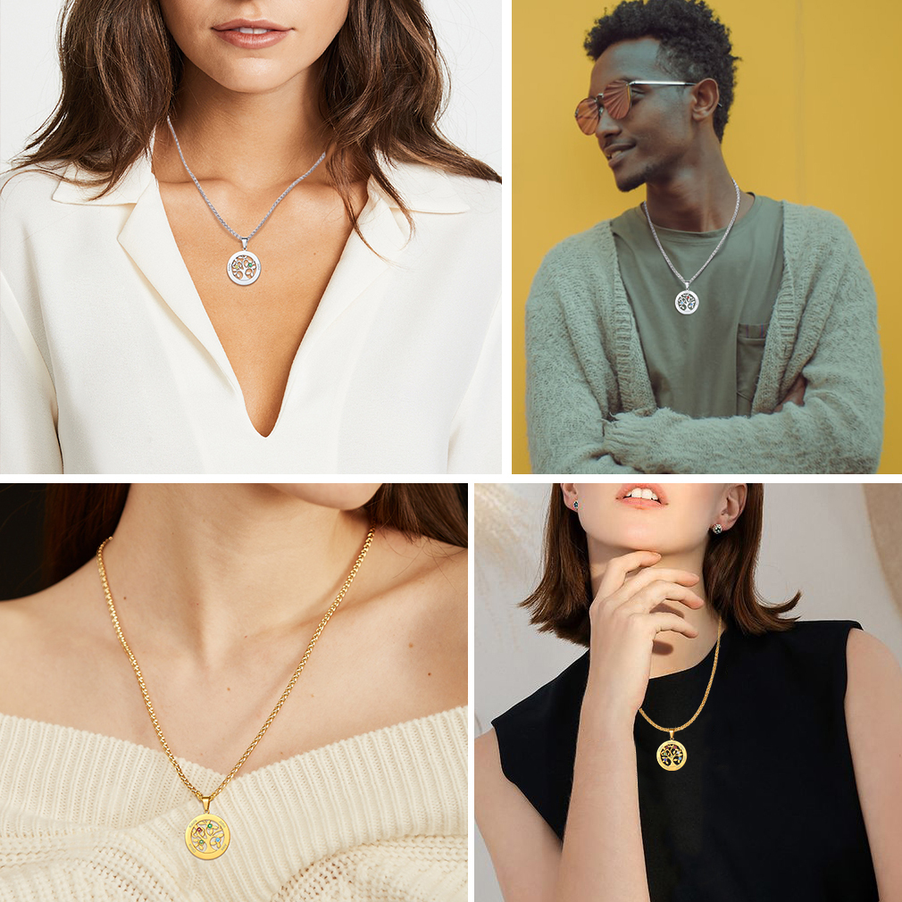  Personalized Family Tree Pendant Necklaces with 2-7 Names and Birthstones models