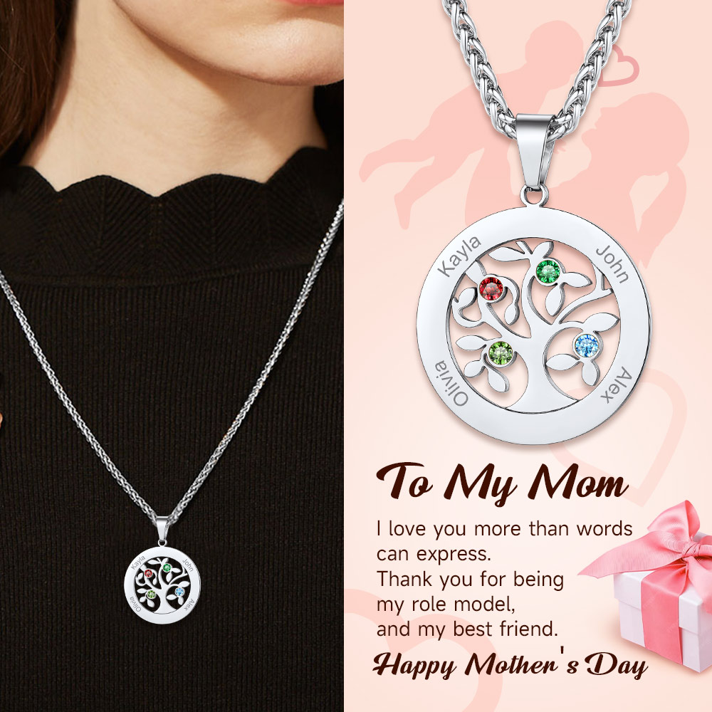  Personalized Family Tree Pendant Necklaces with 2-7 Names and Birthstones gift to mom