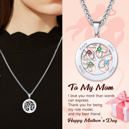  Personalized Family Tree Pendant Necklaces with 2-7 Names and Birthstones gift to mom