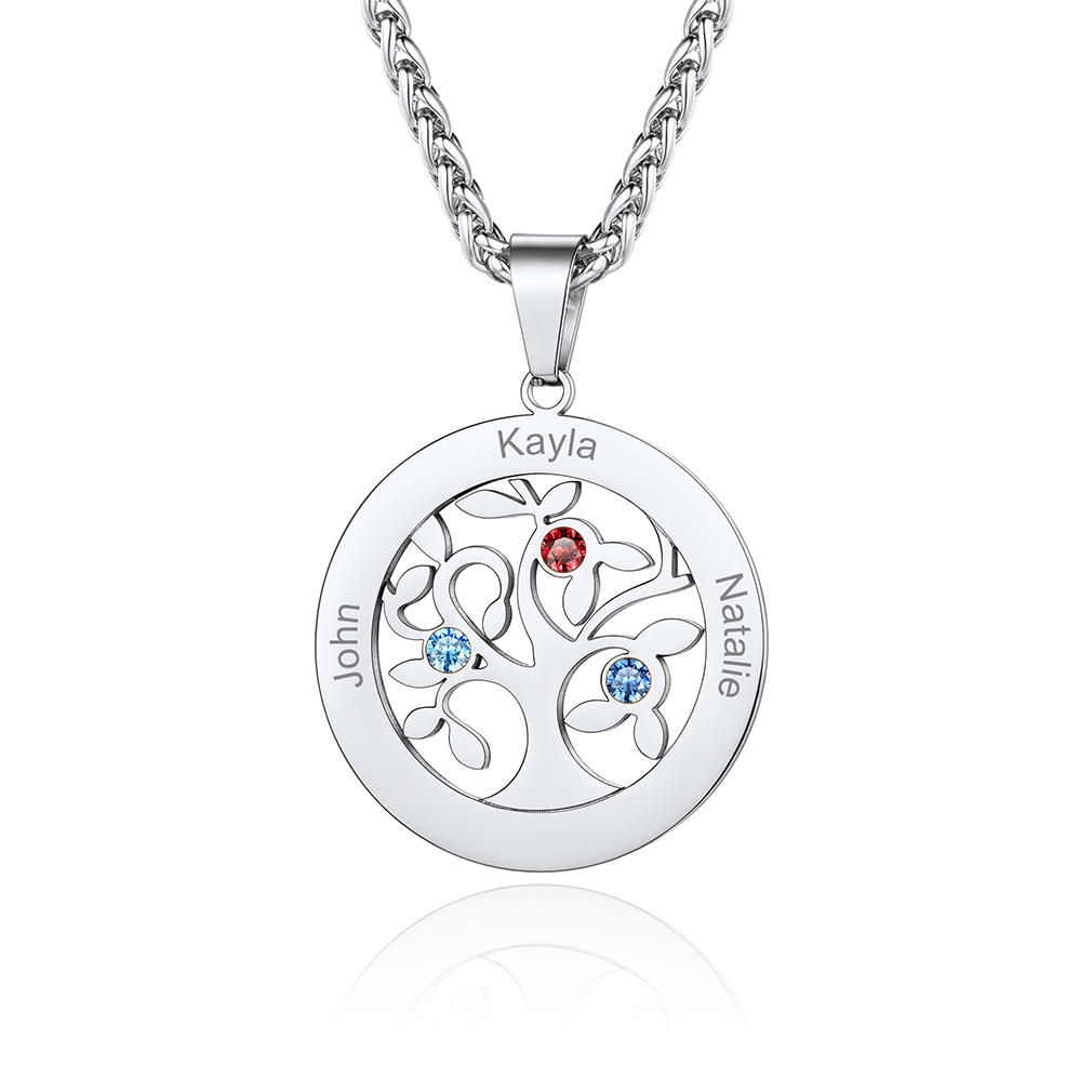  Personalized Family Tree Pendant Necklaces with 2-7 Names and Birthstones silver3