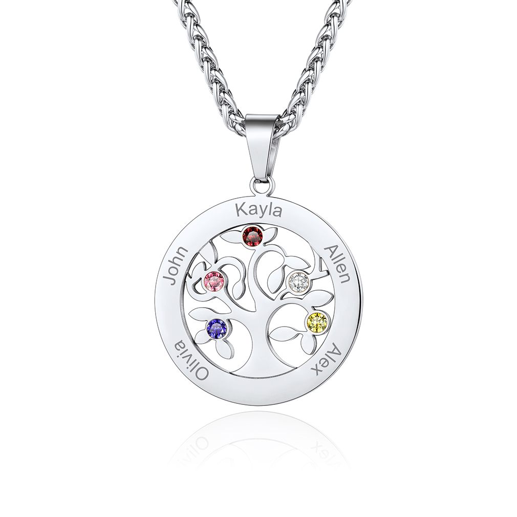  Personalized Family Tree Pendant Necklaces with 2-7 Names and Birthstones silver5