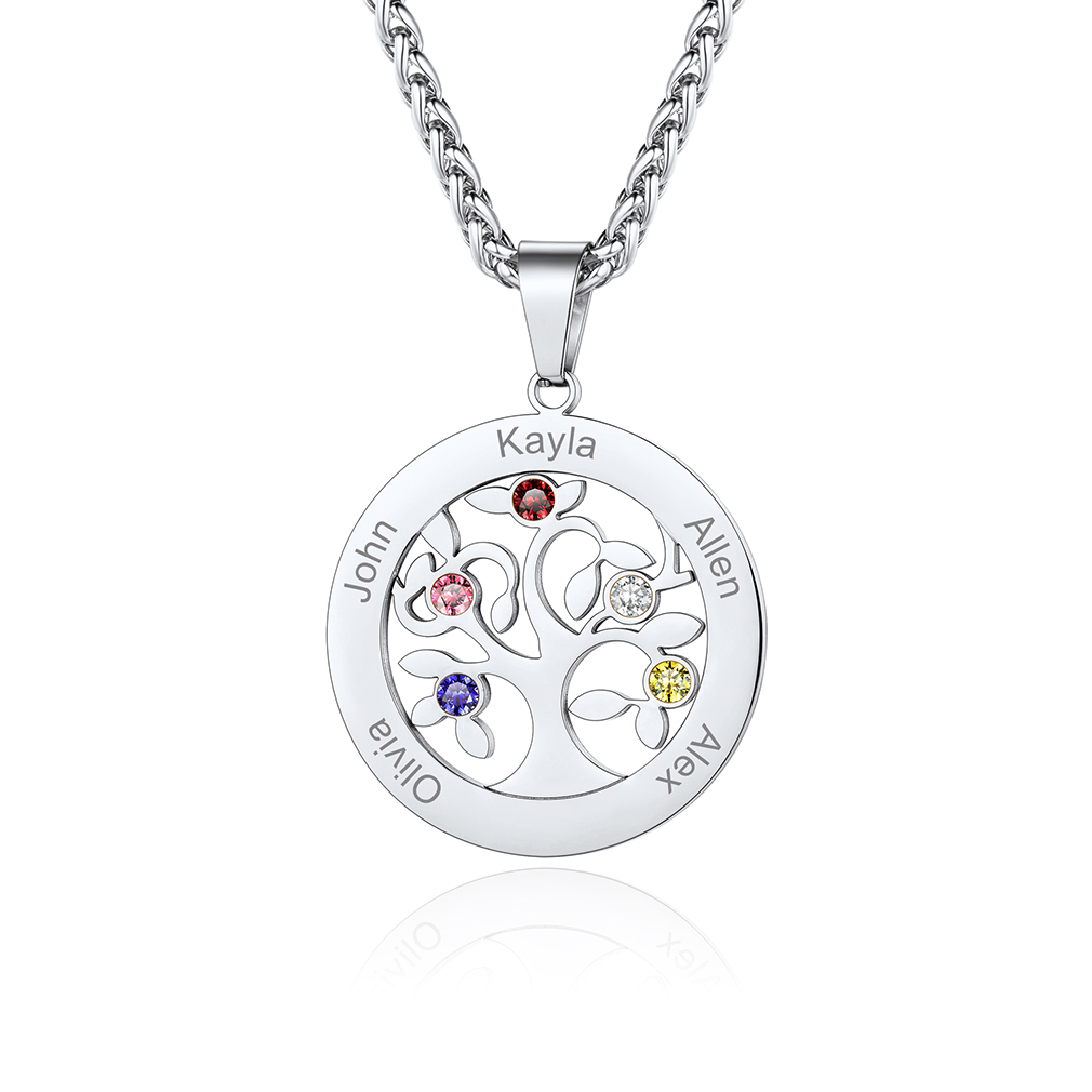  Personalized Family Tree Pendant Necklaces with 2-7 Names and Birthstones silver5