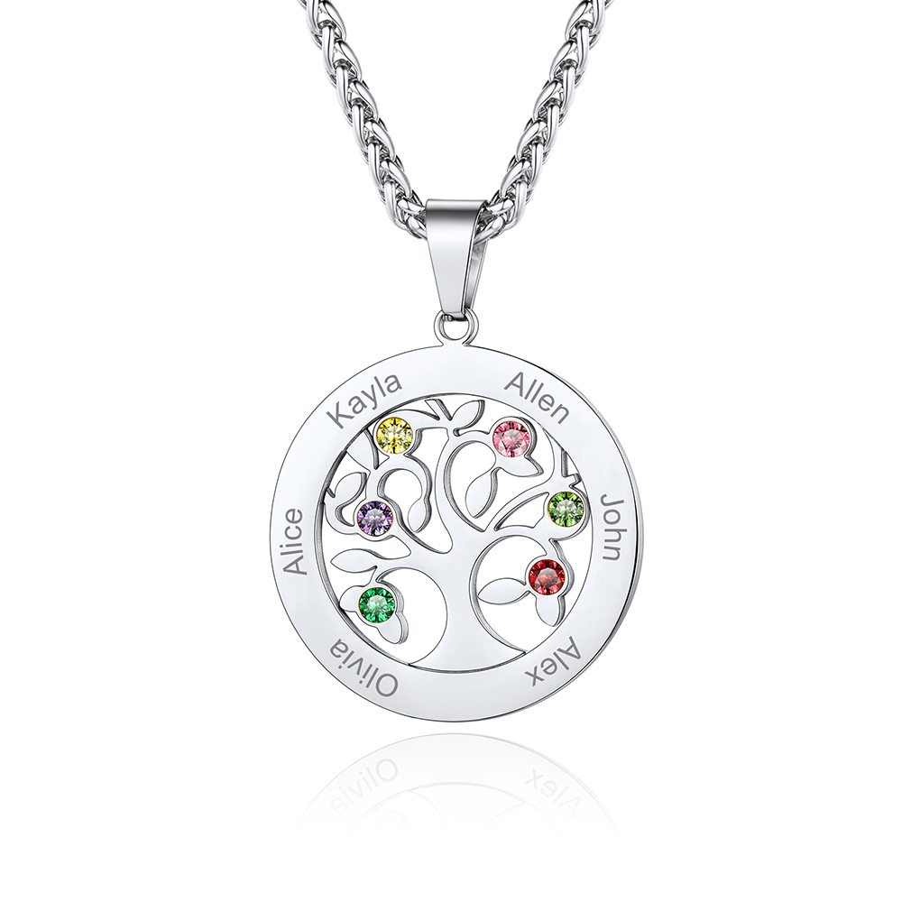  Personalized Family Tree Pendant Necklaces with 2-7 Names and Birthstones silver6