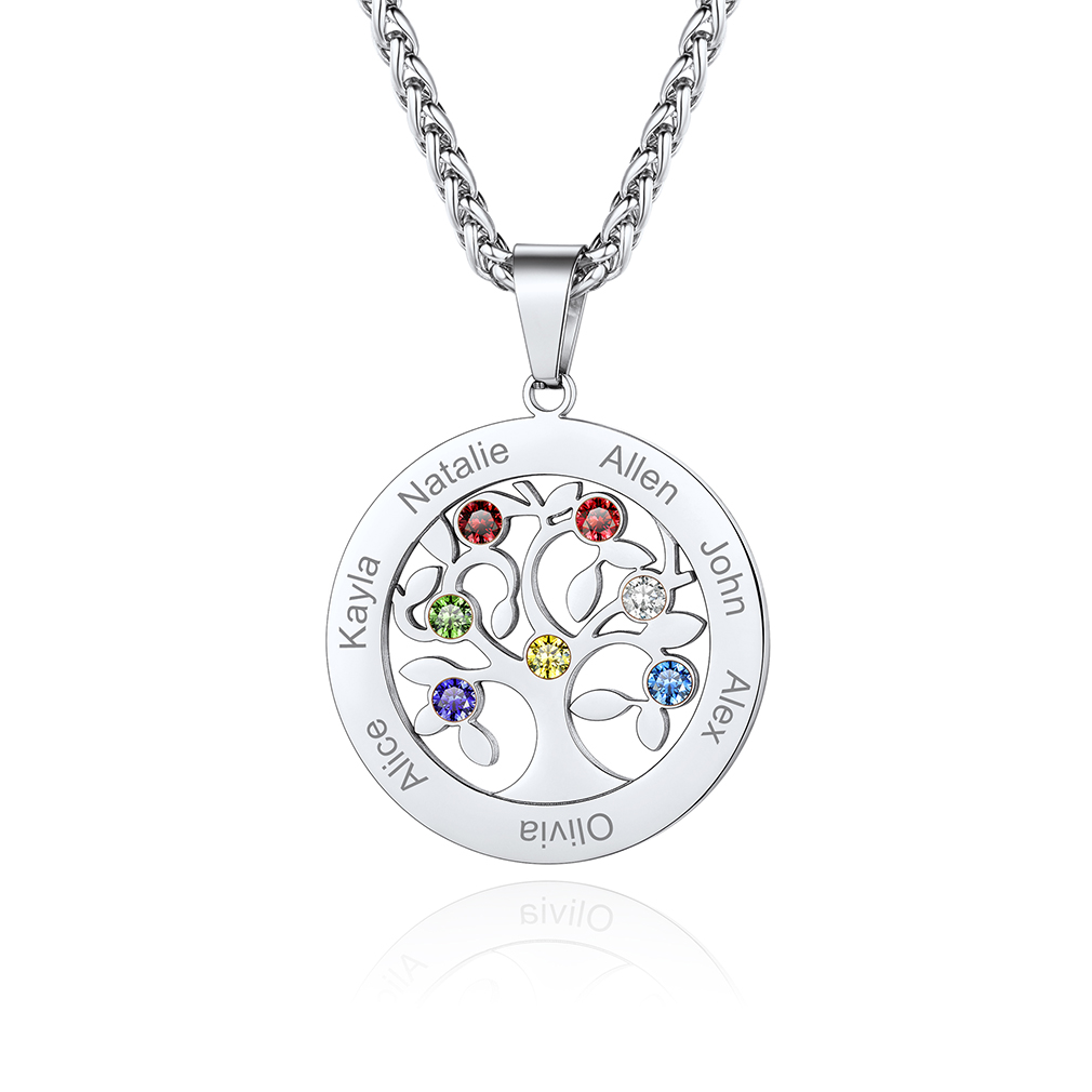  Personalized Family Tree Pendant Necklaces with 2-7 Names and Birthstones silver7