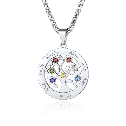  Personalized Family Tree Pendant Necklaces with 2-7 Names and Birthstones silver7