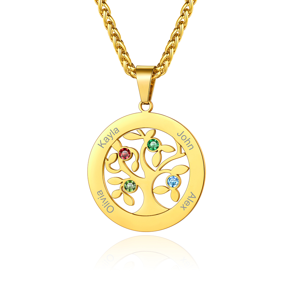  Personalized Family Tree Pendant Necklaces with 2-7 Names and Birthstones gold4