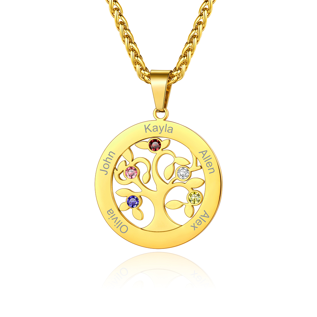  Personalized Family Tree Pendant Necklaces with 2-7 Names and Birthstones gold5