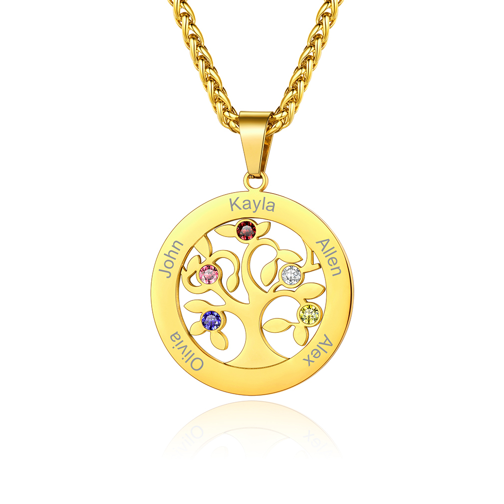  Personalized Family Tree Pendant Necklaces with 2-7 Names and Birthstones gold5