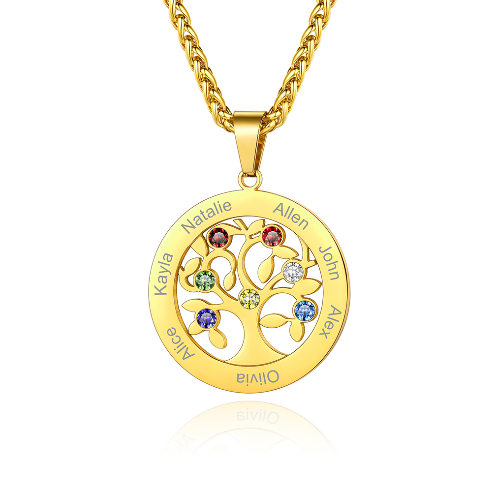  Personalized Family Tree Pendant Necklaces with 2-7 Names and Birthstones gold7
