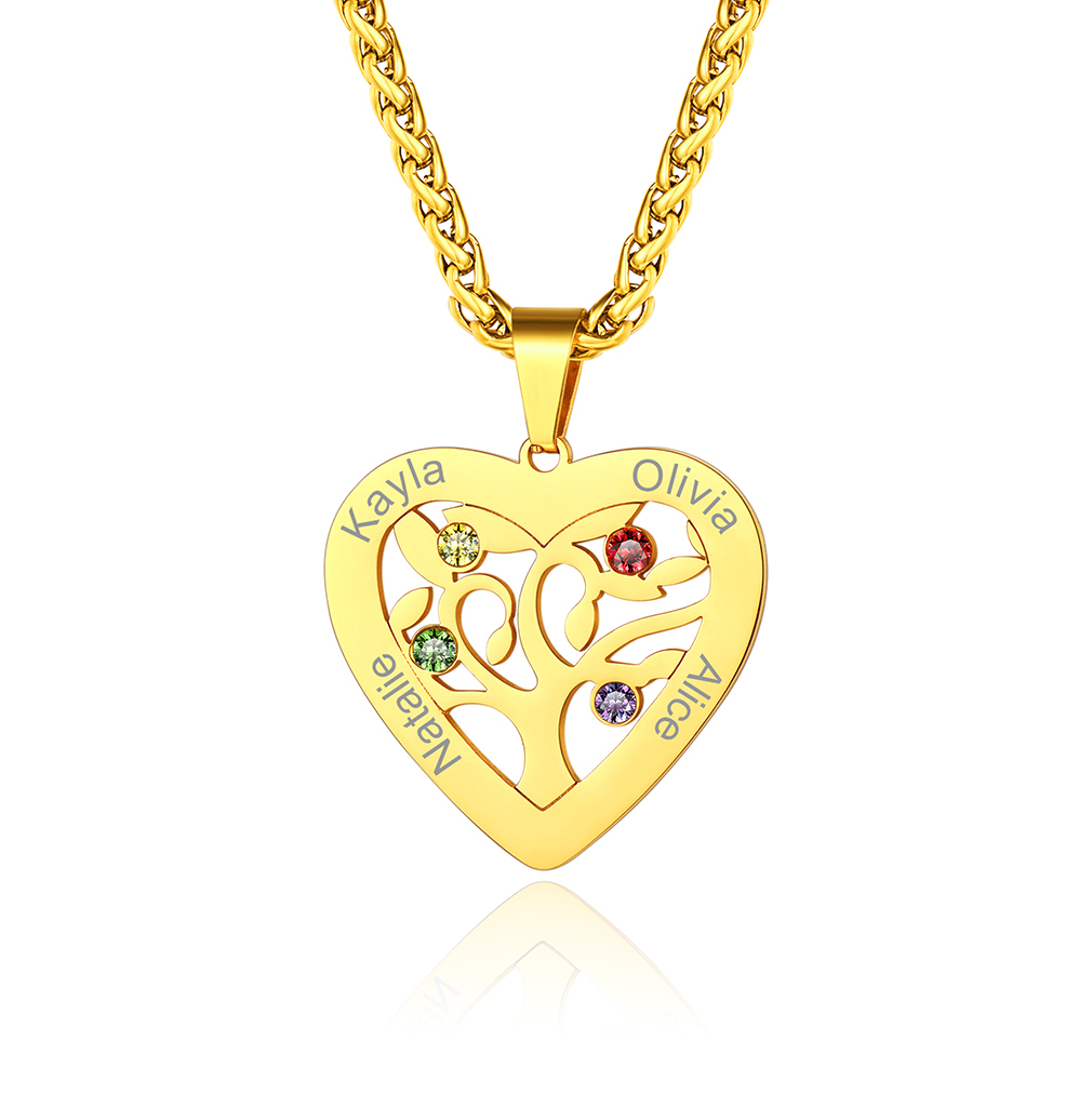 Birthstone Name Tree of Life Personalized Necklace for Mom 4 Names Gold