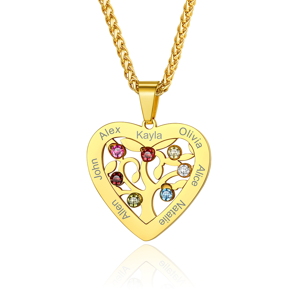 Birthstone Name Tree of Life Personalized Necklace for Mom 7 Names Gold