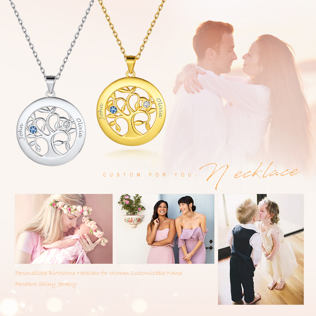 Custom Family Tree Necklaces with 2-7 Names and Birthstones gift for lover