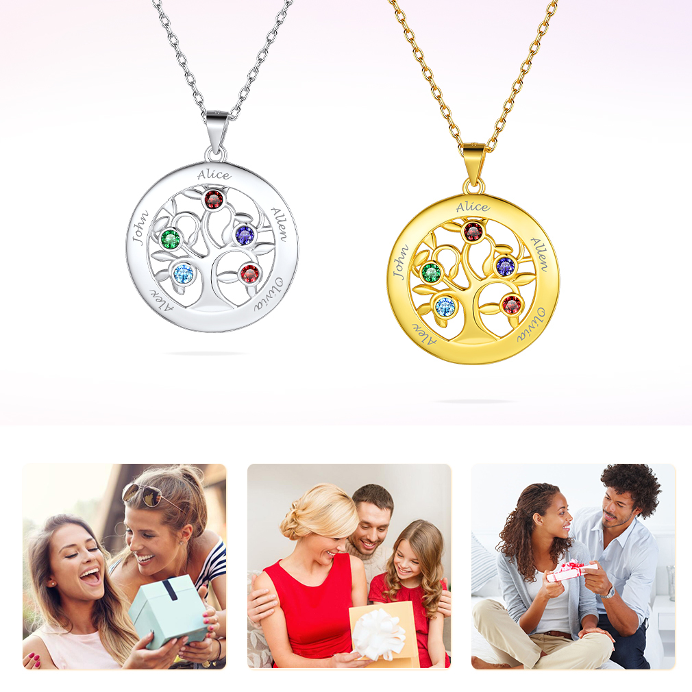 Custom Family Tree Necklaces with 2-7 Names and Birthstones gift