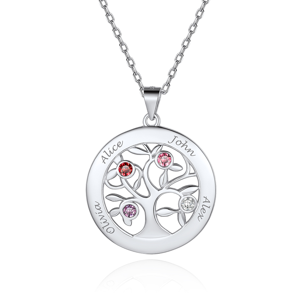 Custom Family Tree Necklaces with 2-7 Names and Birthstones 4 silver
