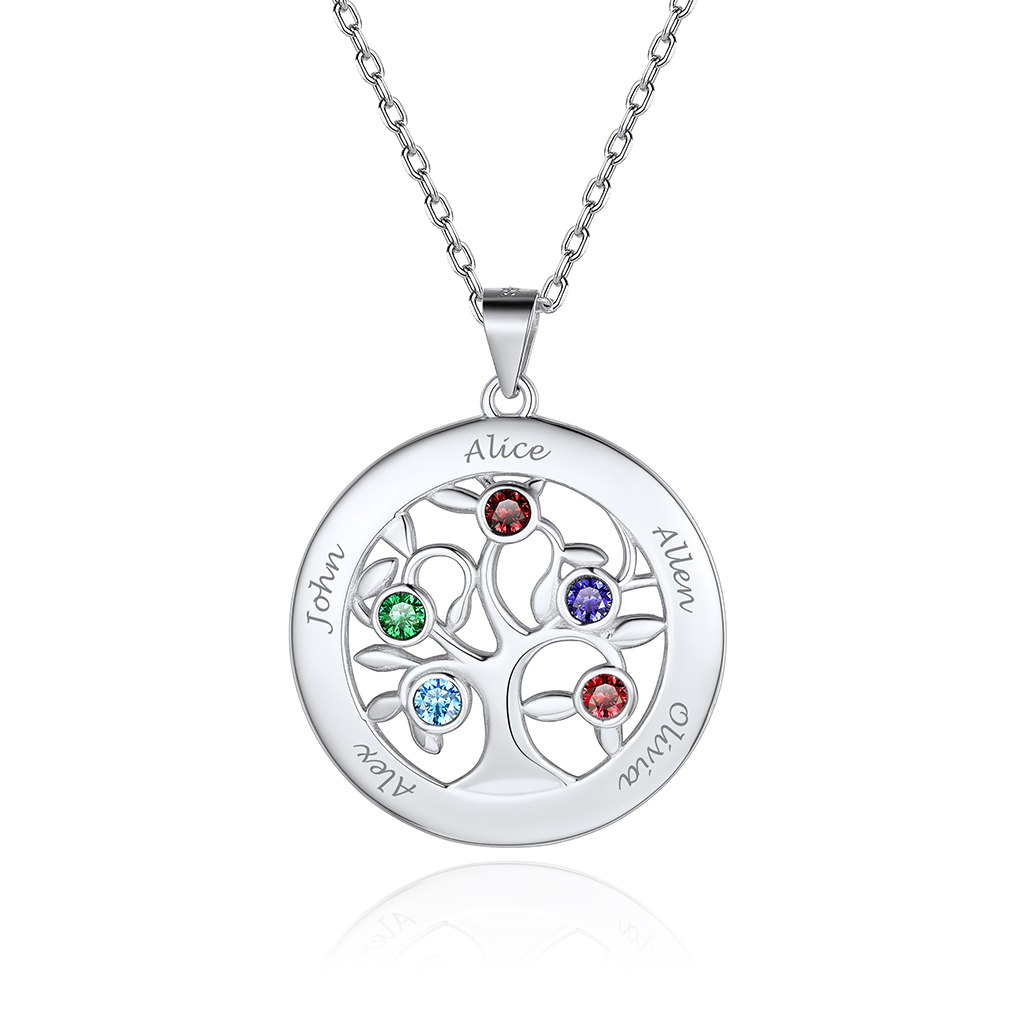 Custom Family Tree Necklaces with 2-7 Names and Birthstones 5 silver