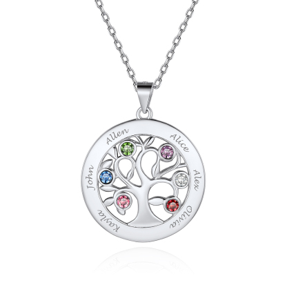 Custom Family Tree Necklaces with 2-7 Names and Birthstones 6 silver