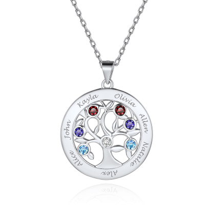 Custom Family Tree Necklaces with 2-7 Names and Birthstones 7 silver