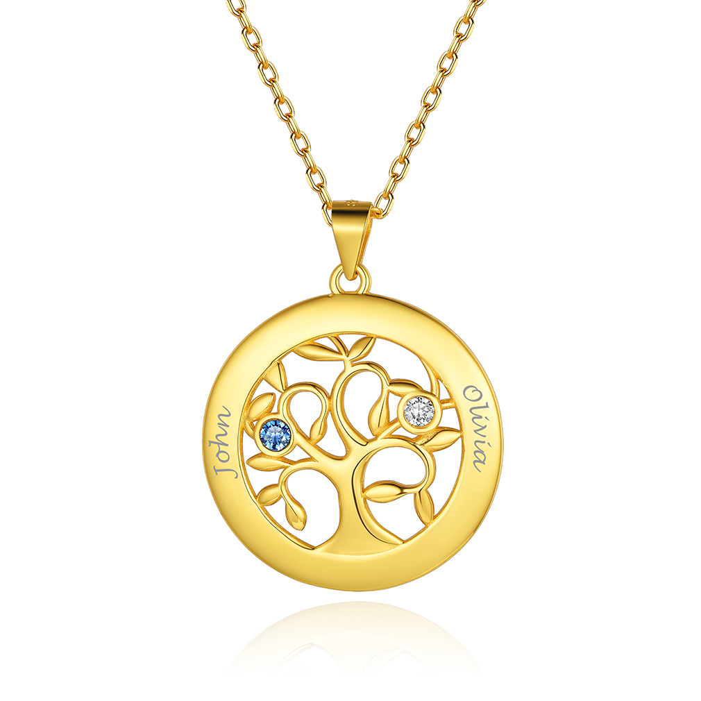Custom Family Tree Necklaces with 2-7 Names and Birthstones 2 gold