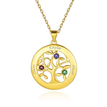 Custom Family Tree Necklaces with 2-7 Names and Birthstones 3 gold