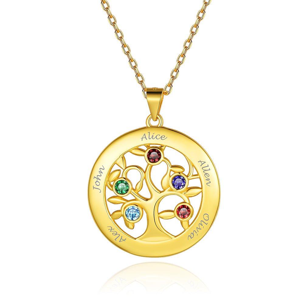 Custom Family Tree Necklaces with 2-7 Names and Birthstones 5 gold