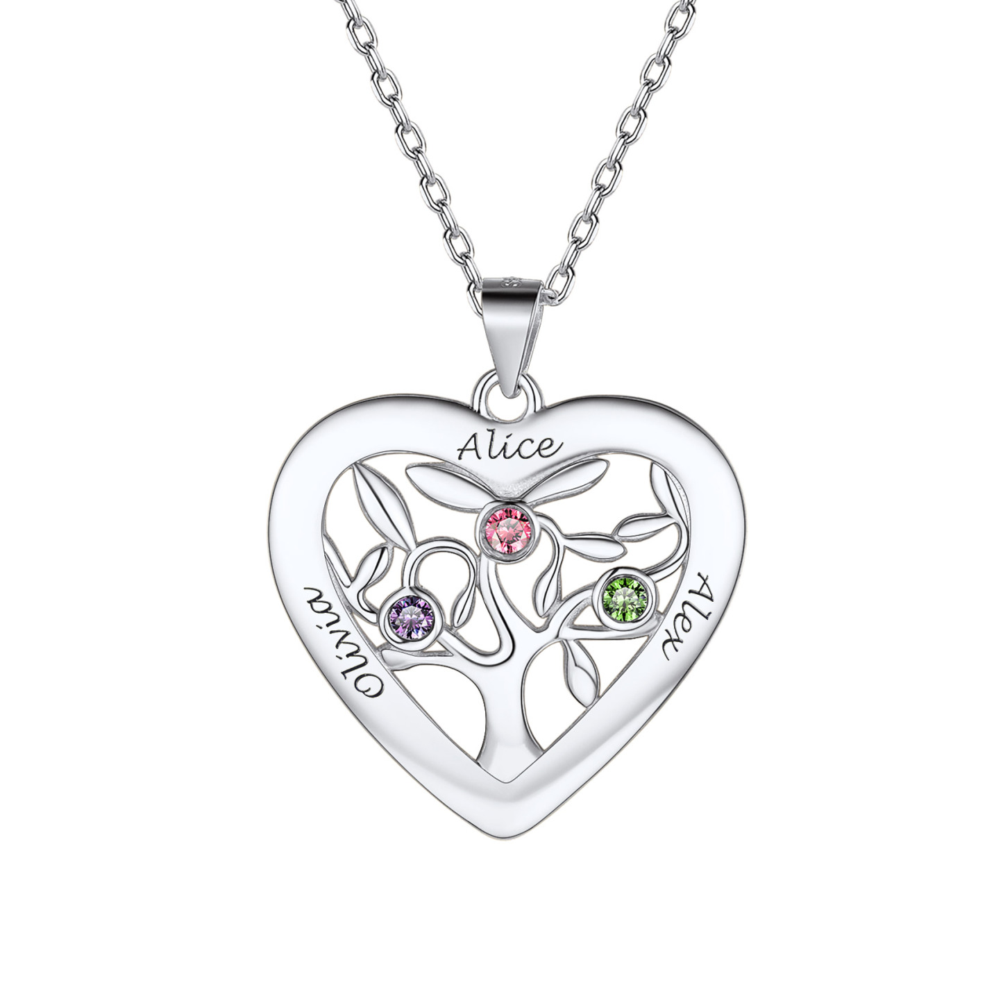 Birthstone Name Personalized Family Tree Necklace for Women silver 3