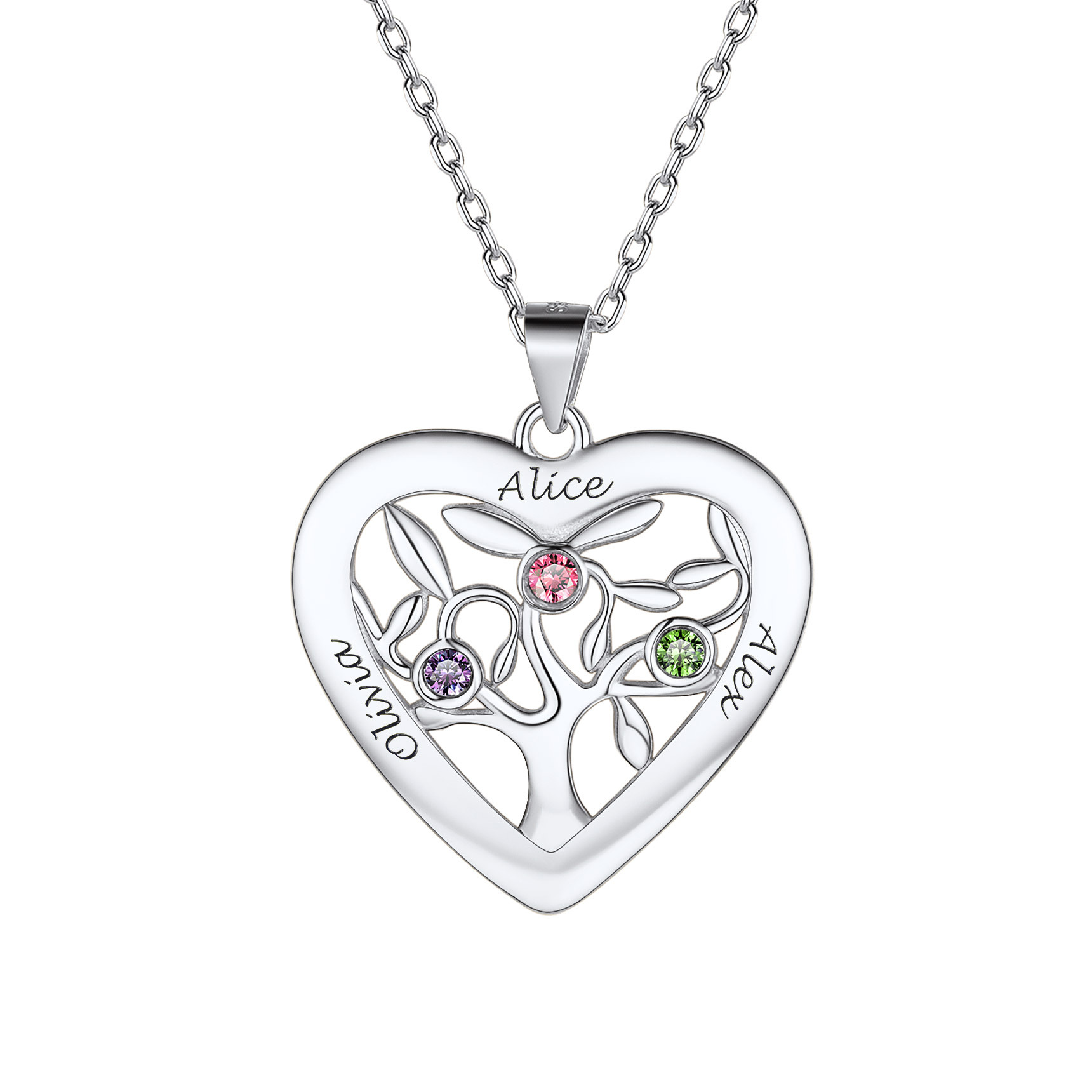 Birthstone Name Personalized Family Tree Necklace for Women silver 3