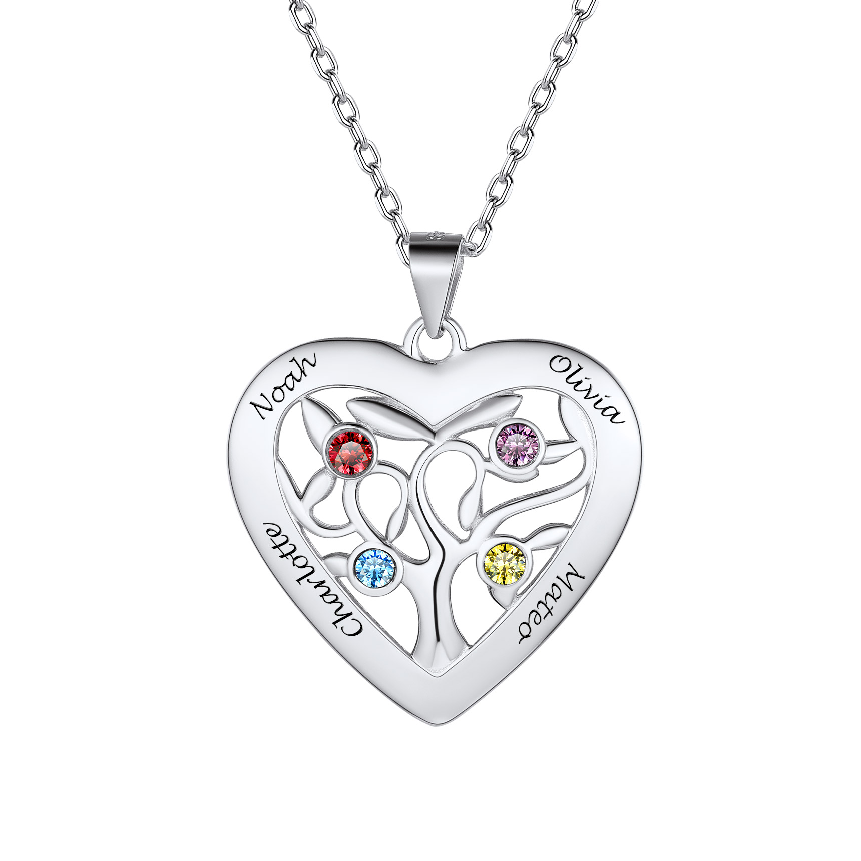 Birthstone Name Personalized Family Tree Necklace for Women 4 silver