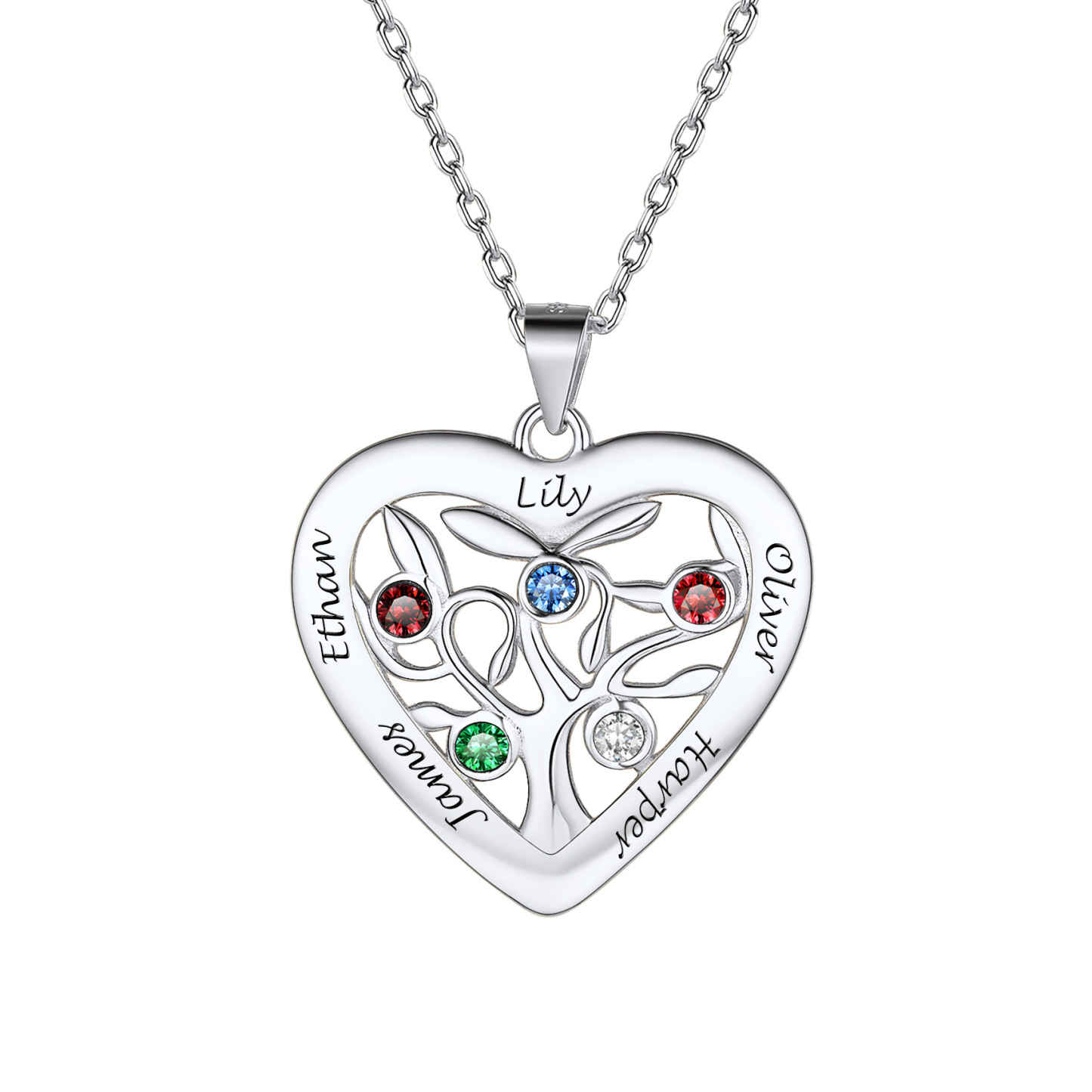 Birthstone Name Personalized Family Tree Necklace for Women 5 silver