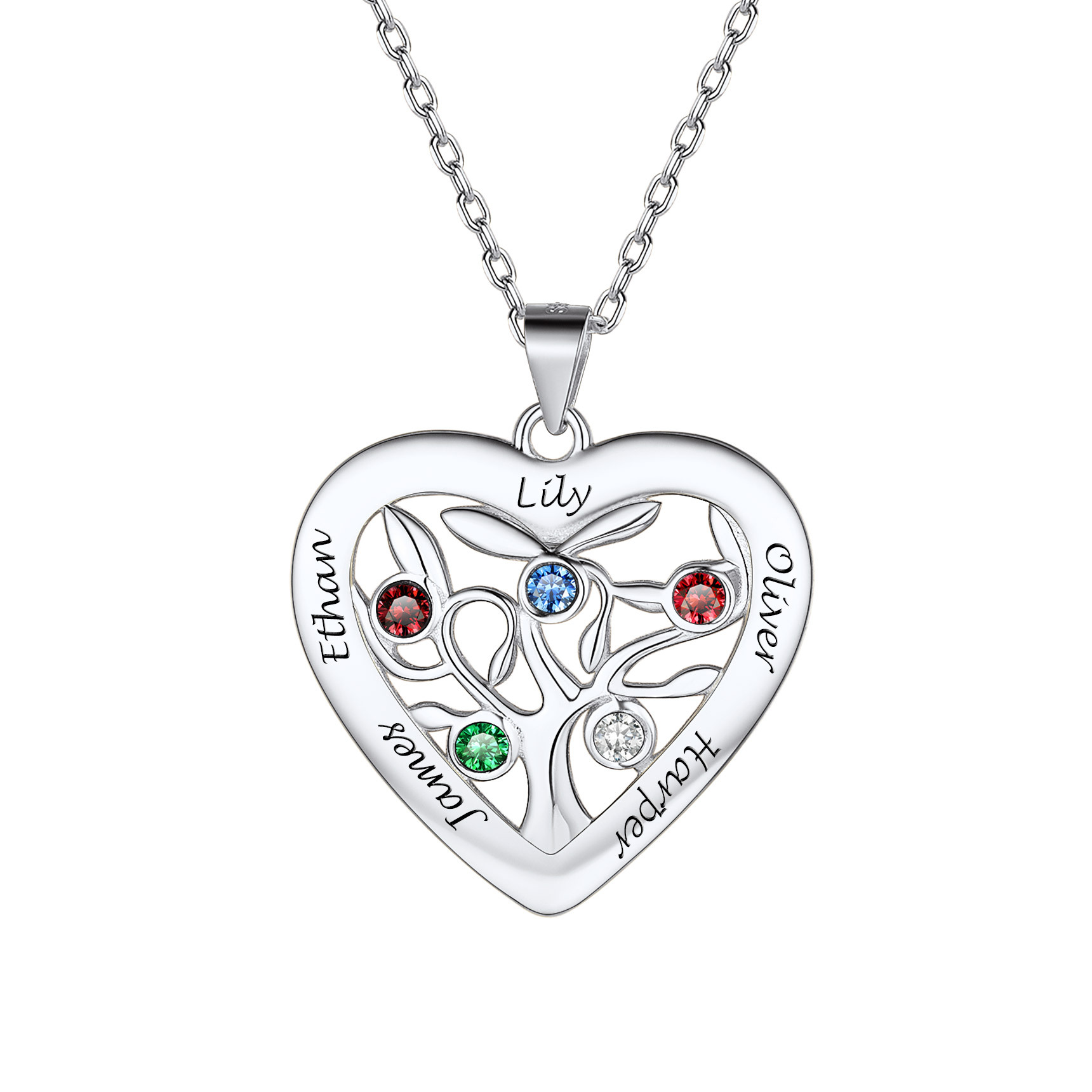 Birthstone Name Personalized Family Tree Necklace for Women 5 silver