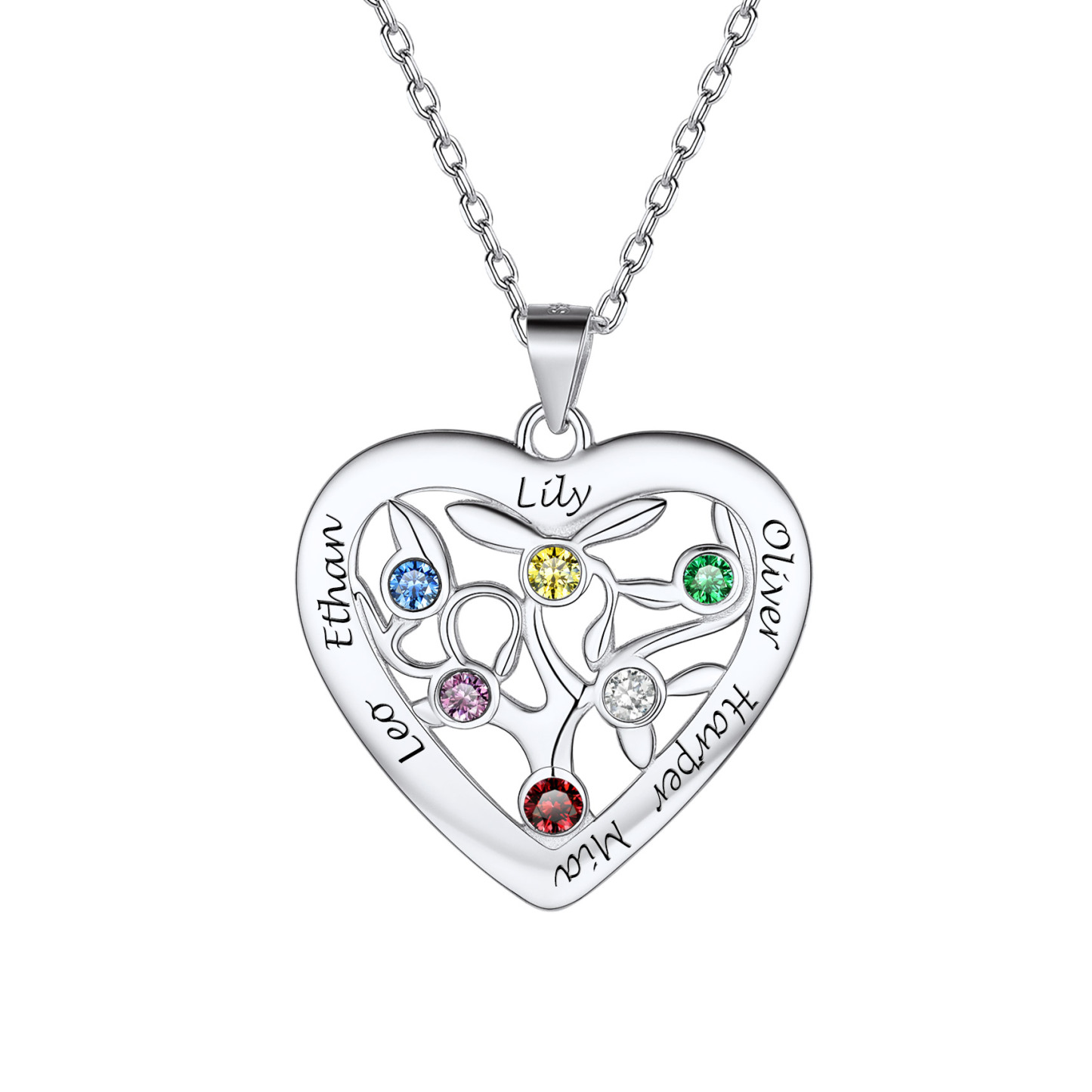 Birthstone Name Personalized Family Tree Necklace for Women 6 silver
