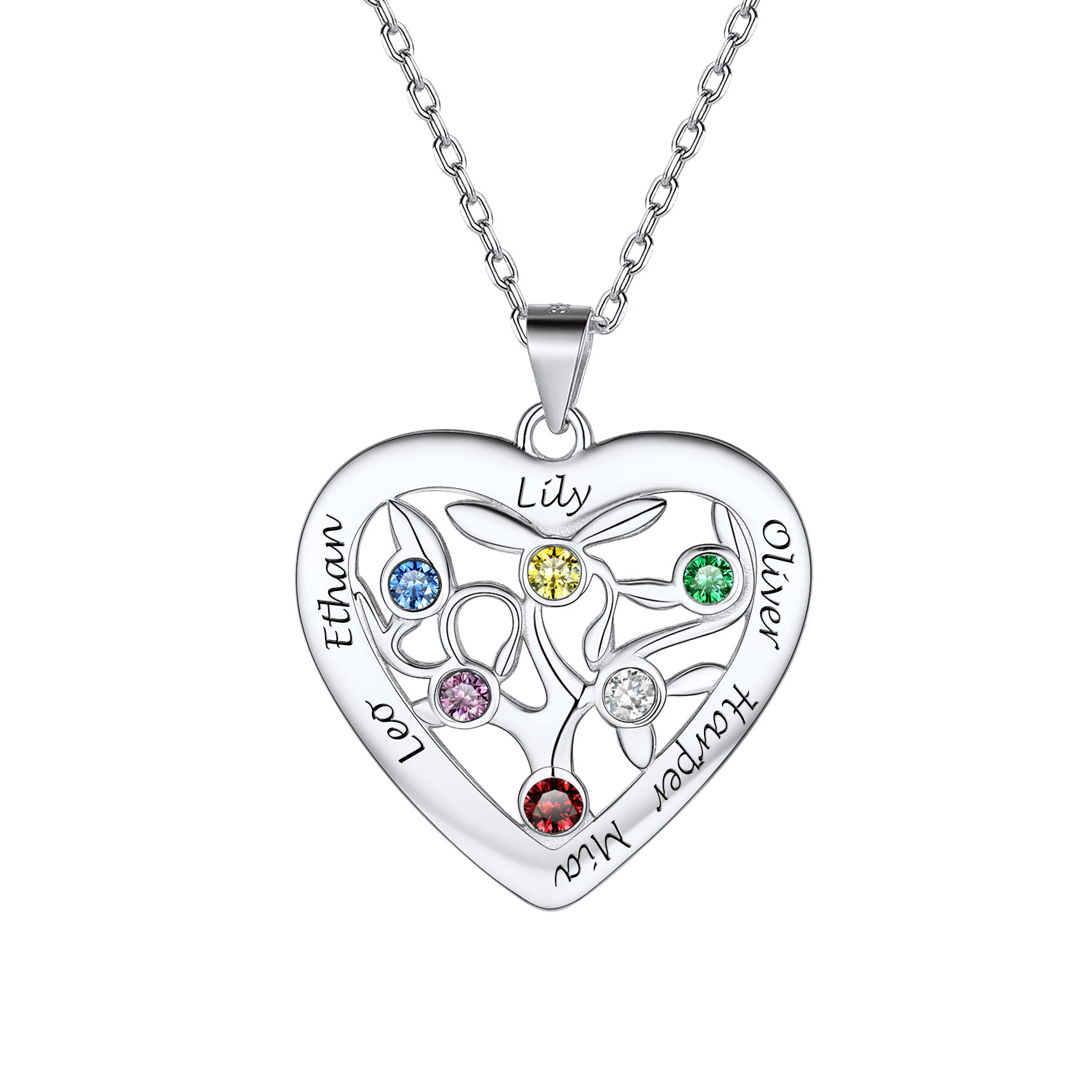 Birthstone Name Personalized Family Tree Necklace for Women 6 silver