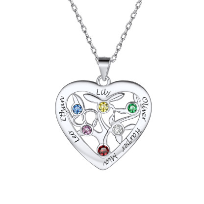 Birthstone Name Personalized Family Tree Necklace for Women 6 silver