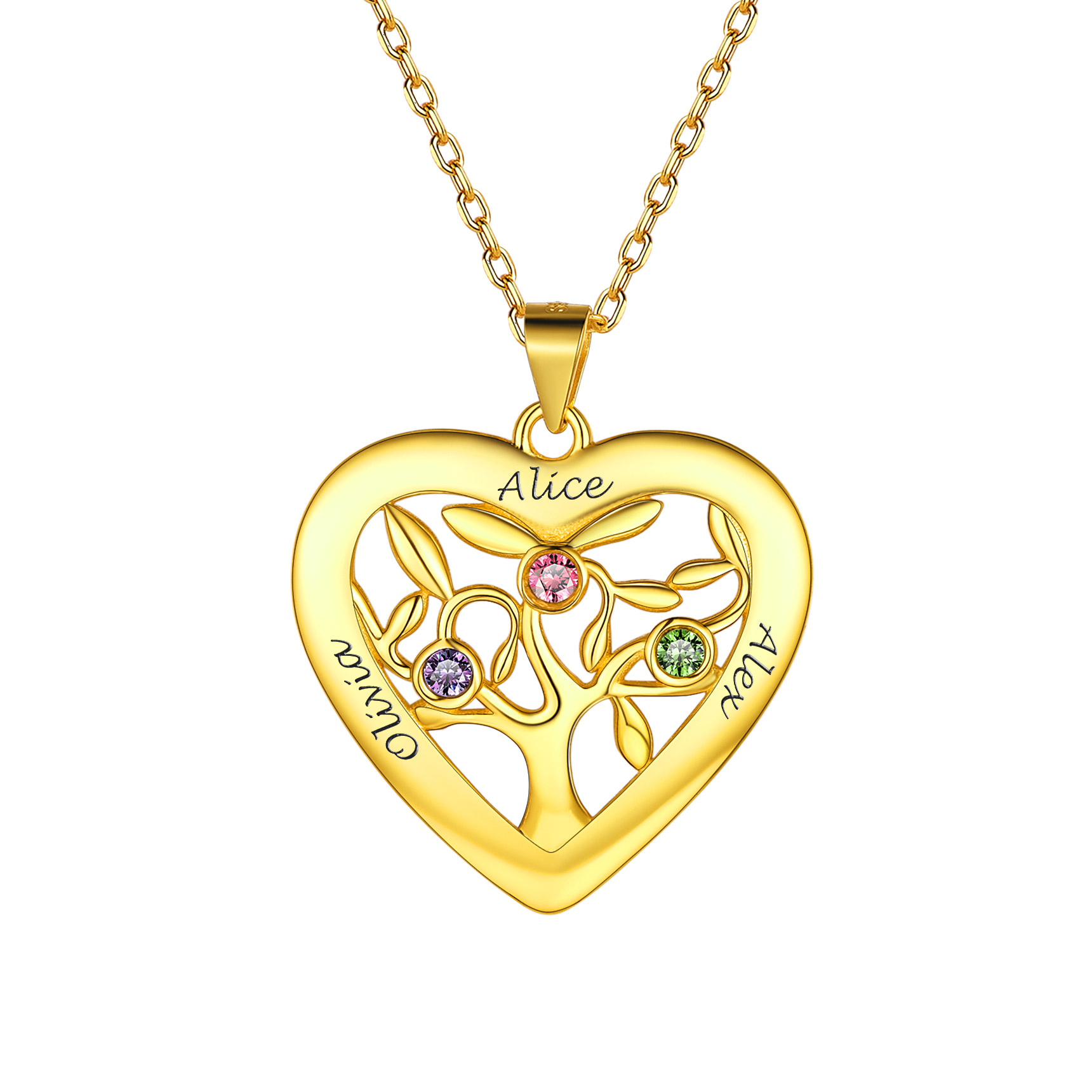 Birthstone Name Personalized Family Tree Necklace for Women 3  gold