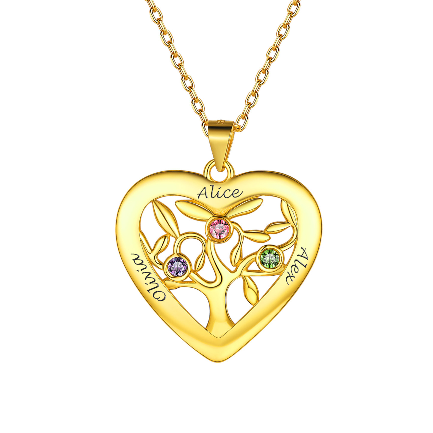 Birthstone Name Personalized Family Tree Necklace for Women 3  gold