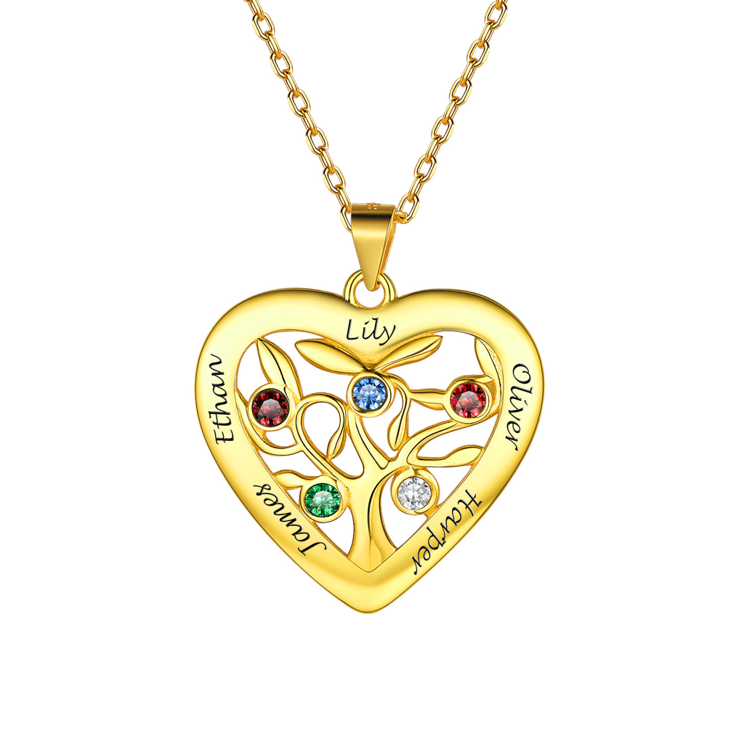 Birthstone Name Personalized Family Tree Necklace for Women 5  gold
