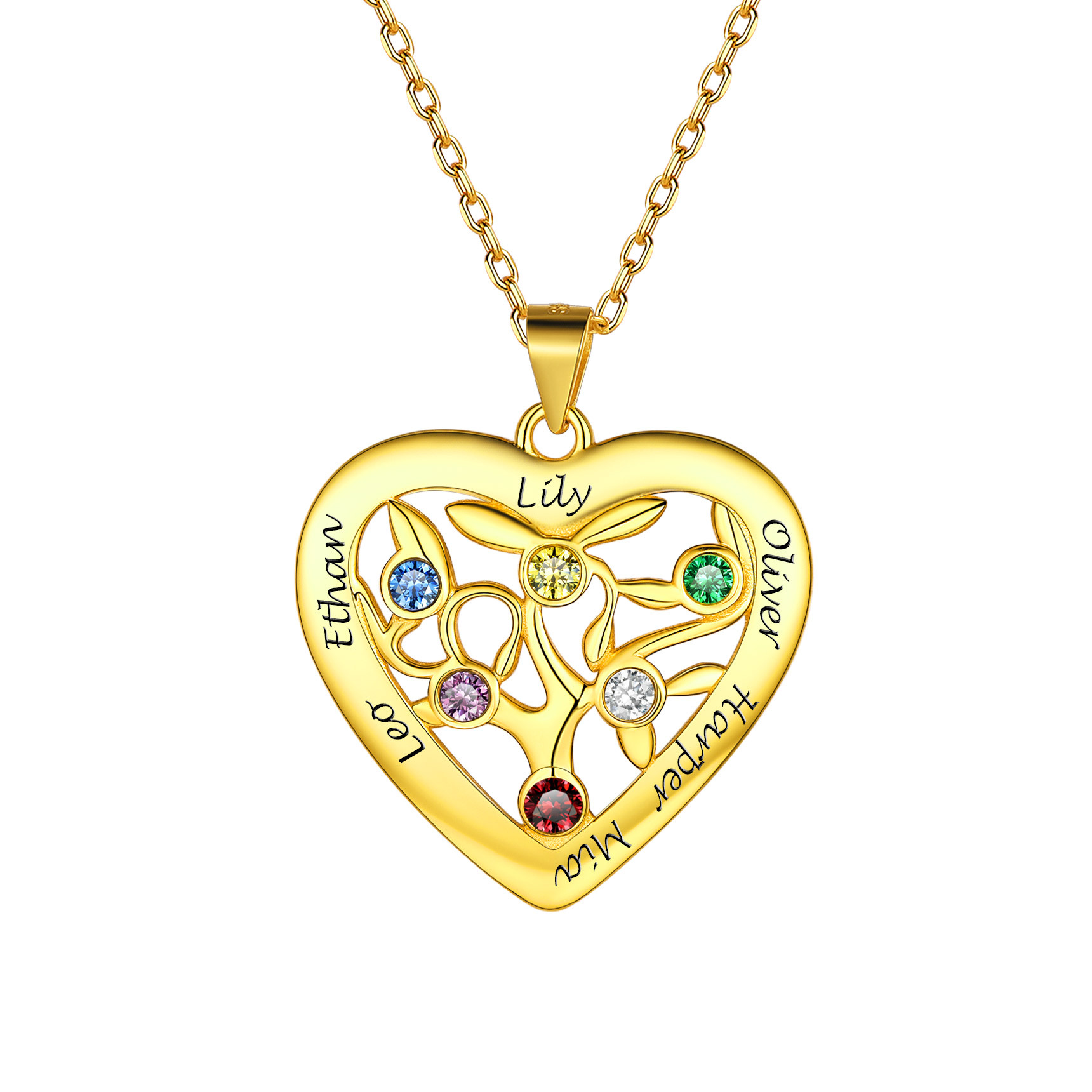 Birthstone Name Personalized Family Tree Necklace for Women 6  gold