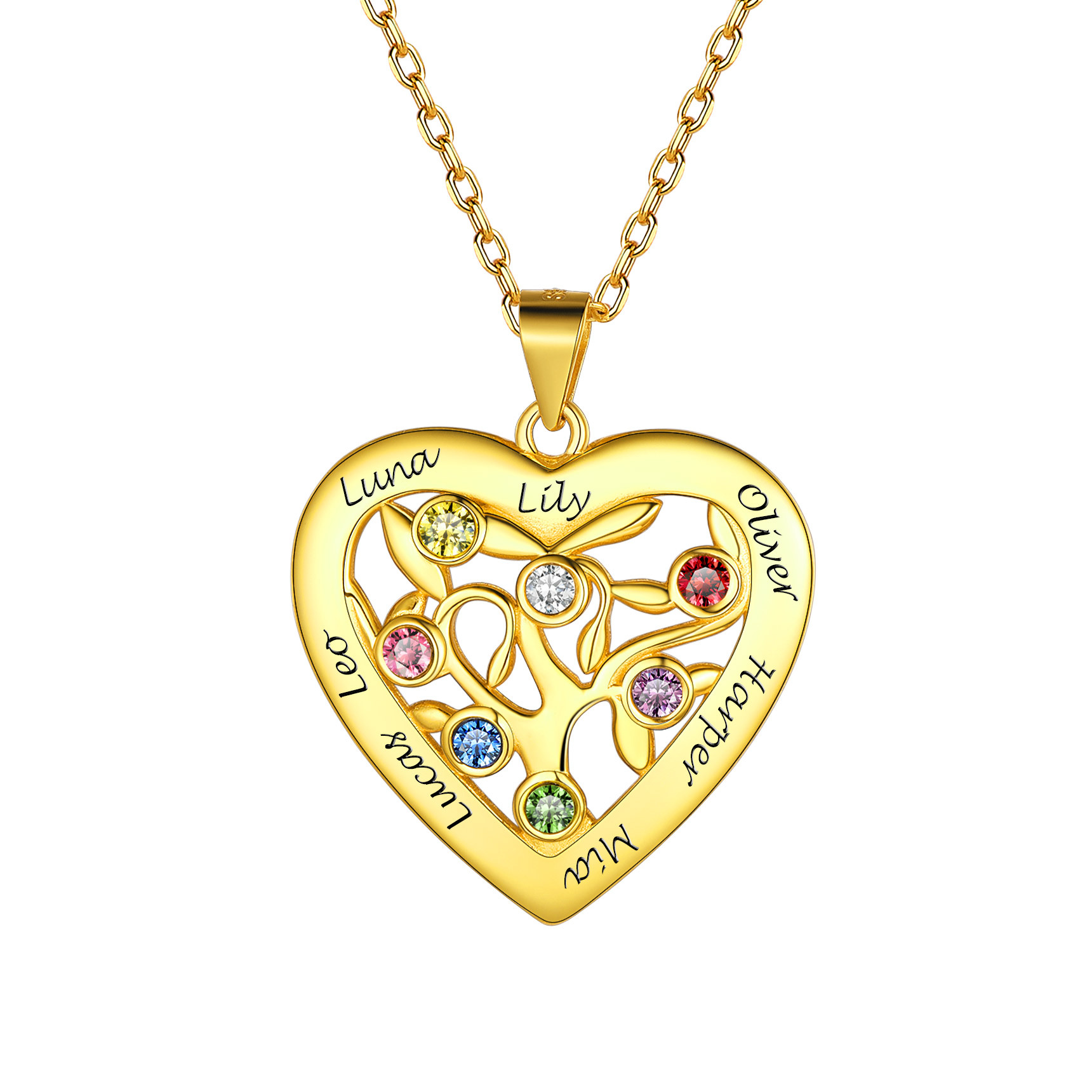 Birthstone Name Personalized Family Tree Necklace for Women 7  gold