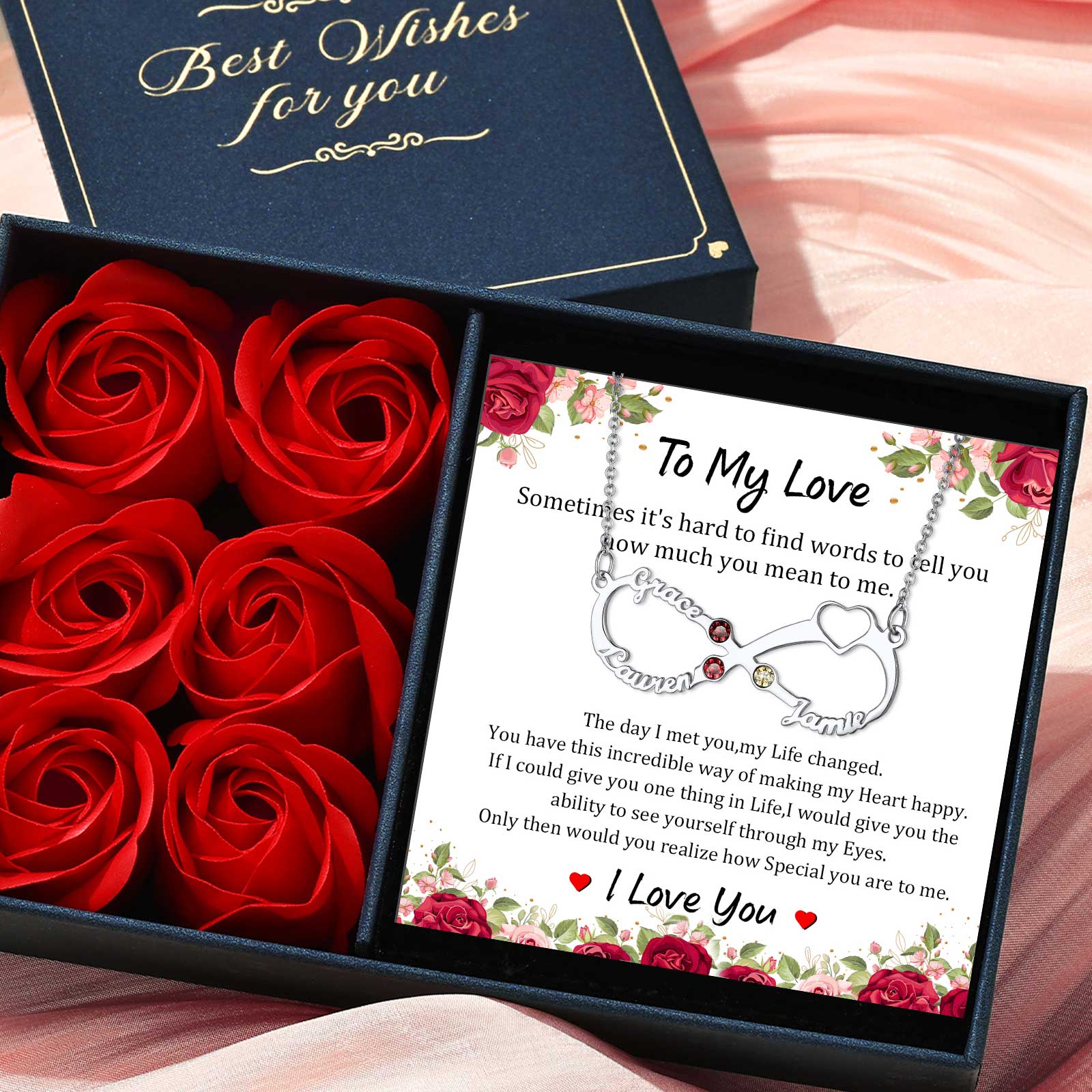 Personalized Birthstone Infinity 3 Names Necklace for lover