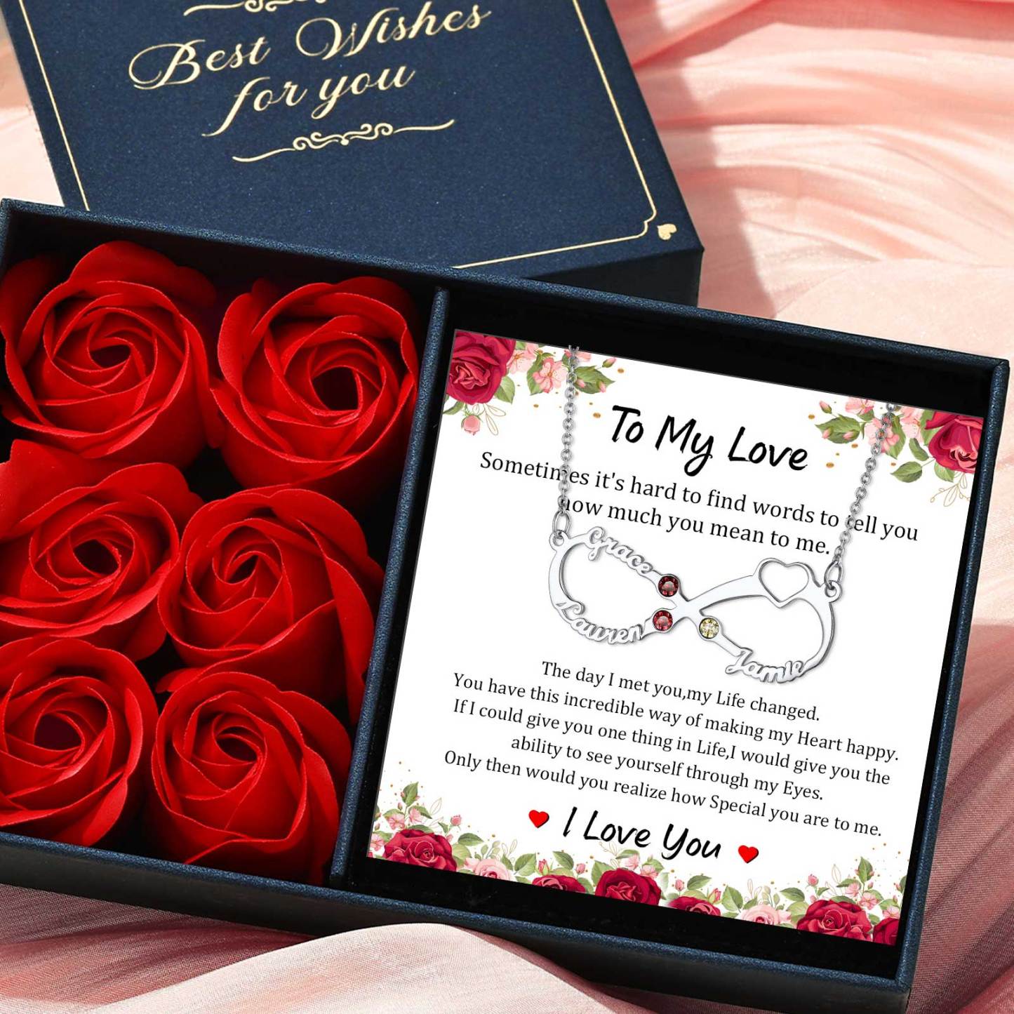 Personalized Birthstone Infinity 3 Names Necklace for lover