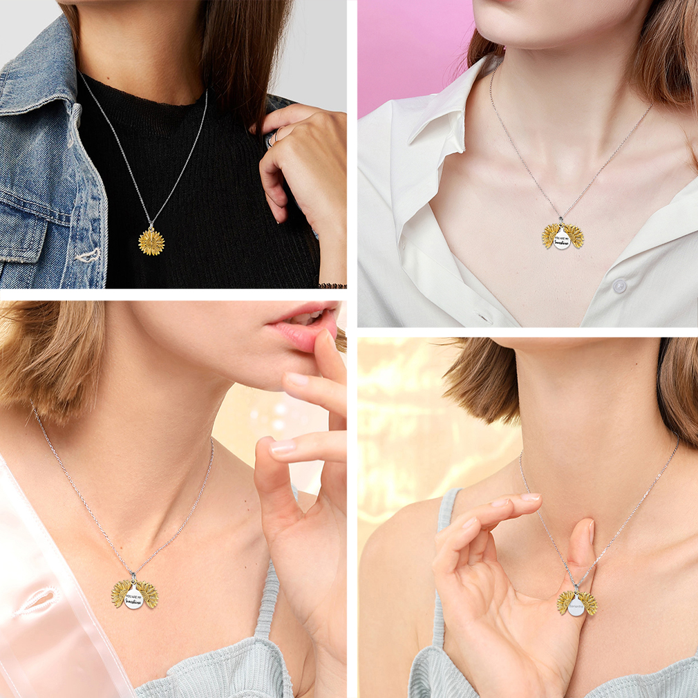 Custom Engraved Sunflower Locket Necklace for Women model show