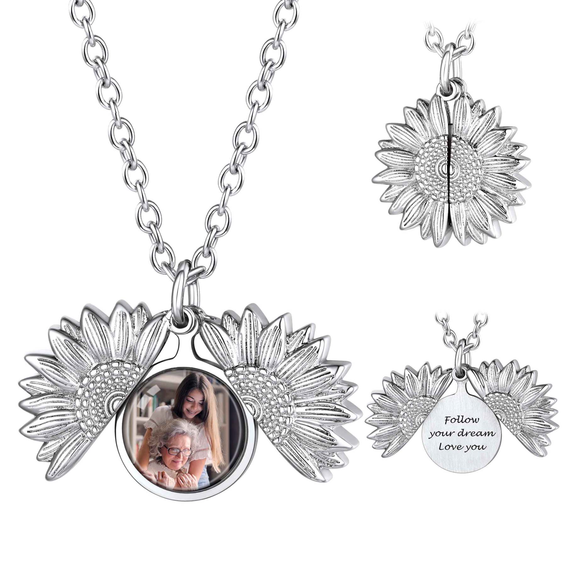 Sunflower Locket Necklace with photo silver