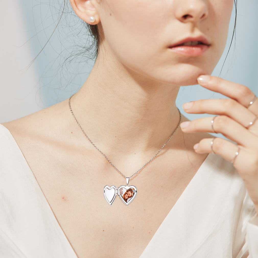 Personalized Heart Locket Necklace with Pictures for Women model